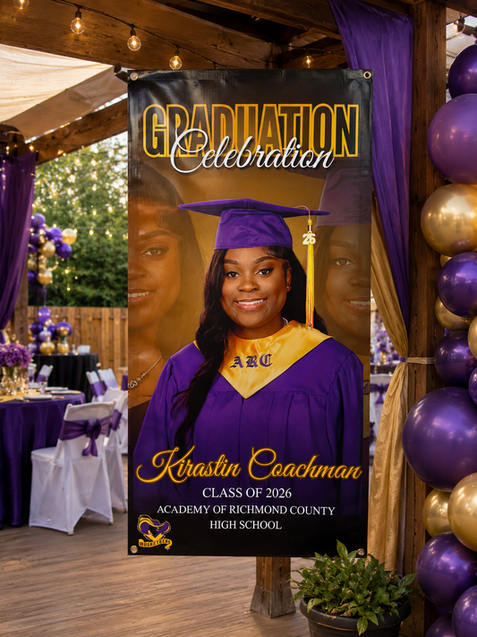 Custom purple and gold graduation celebration banner with grommets