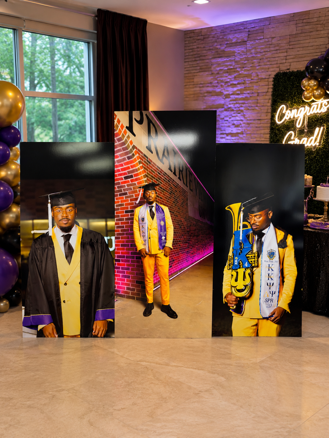 Three custom graduation photo boards displayed together at celebration
