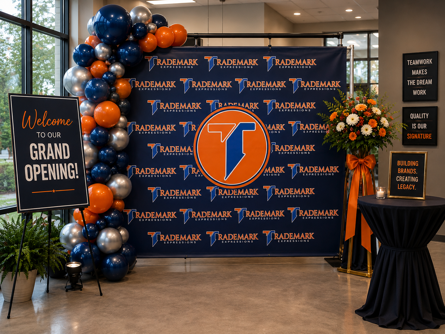 Custom step and repeat backdrop for business grand opening event